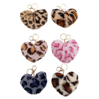 Leopard Patterned Heart Faux Fur Pom Pom Key Chain